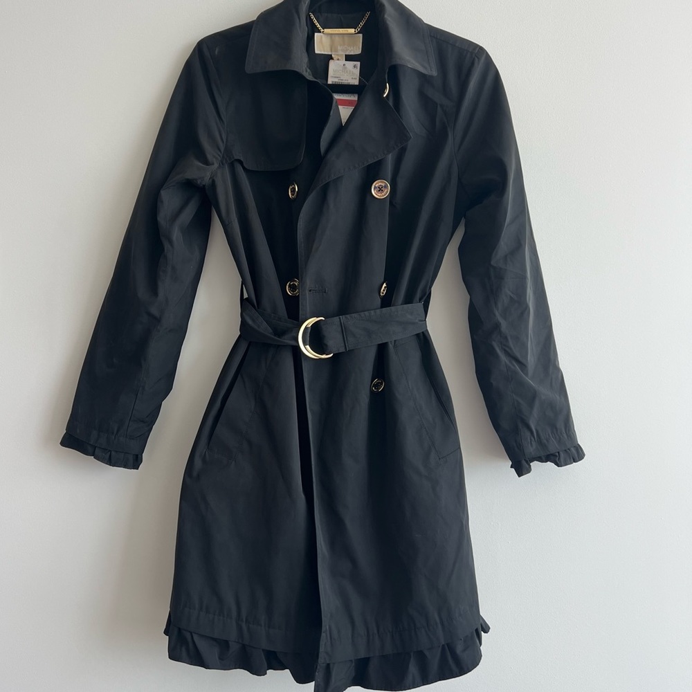 NWT Michael Kors Belted Black Trench Coat with Ruffles Sz XS